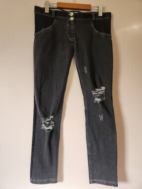 Freddy WR.UP Black Distressed Shaping Denim Pants L EUC Edgy Grunge Butt Lifting
